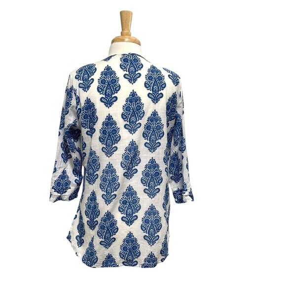 Anokhi Block Printed Indigo 3/4 Sleeve Blouse Top Blue White size Large - Picture 5 of 8